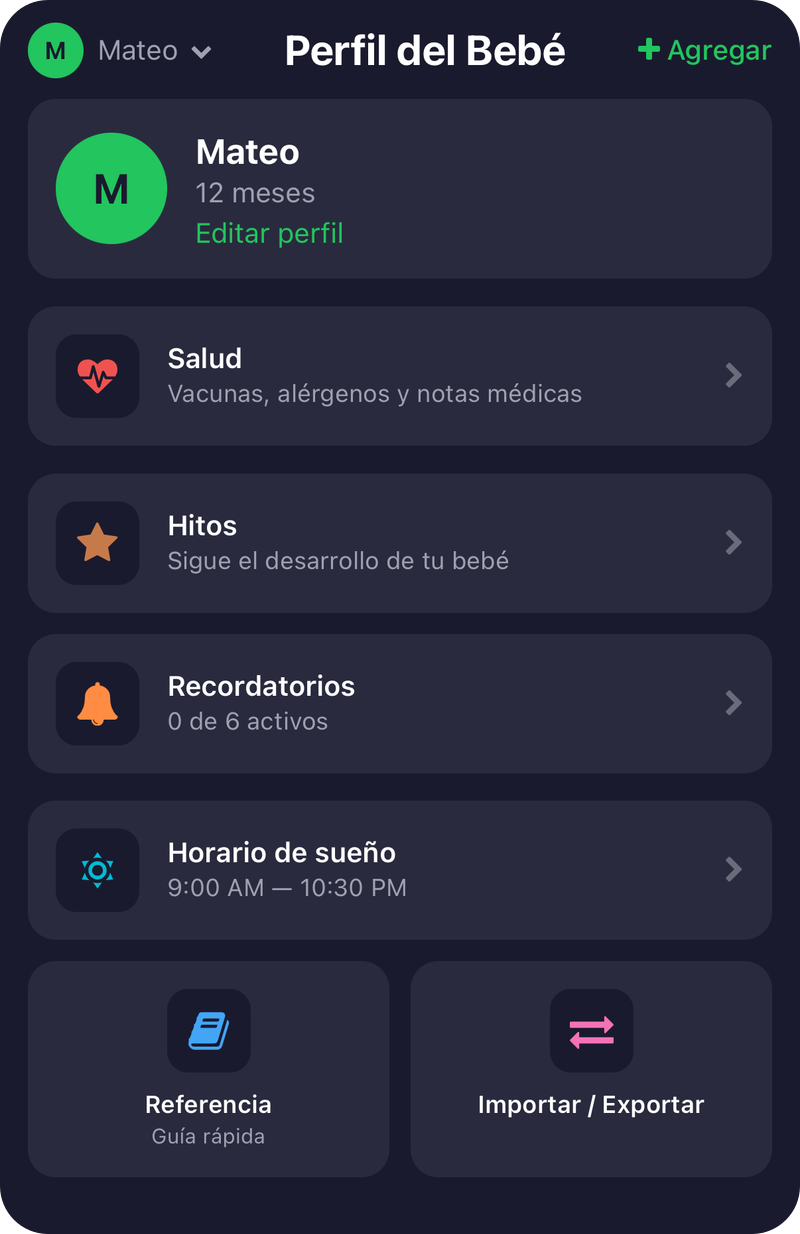 Panel de la pestaña Bebé