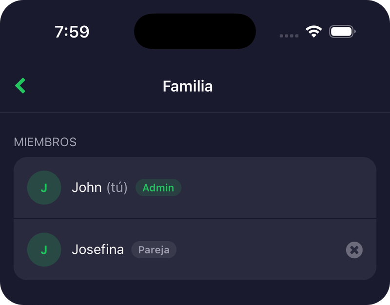Pantalla de Familia con miembros y código de invitación