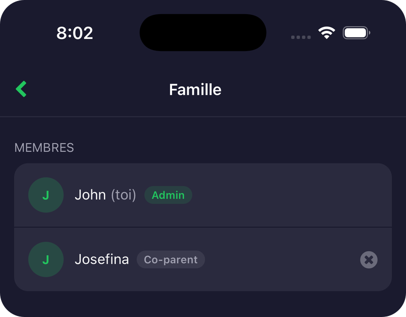 Écran Famille avec membres et code d'invitation