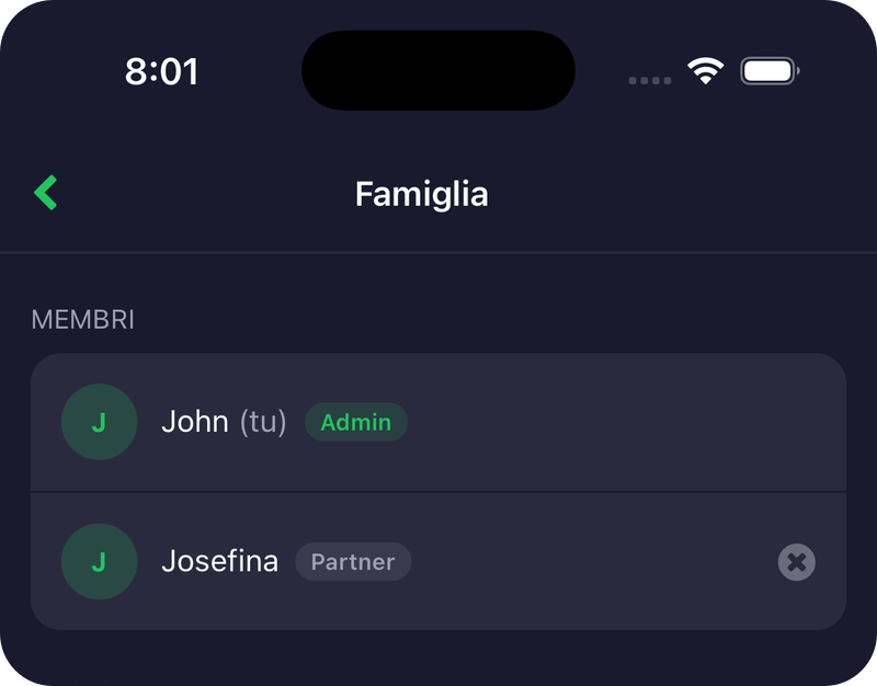 Schermata Famiglia con membri e codice d'invito