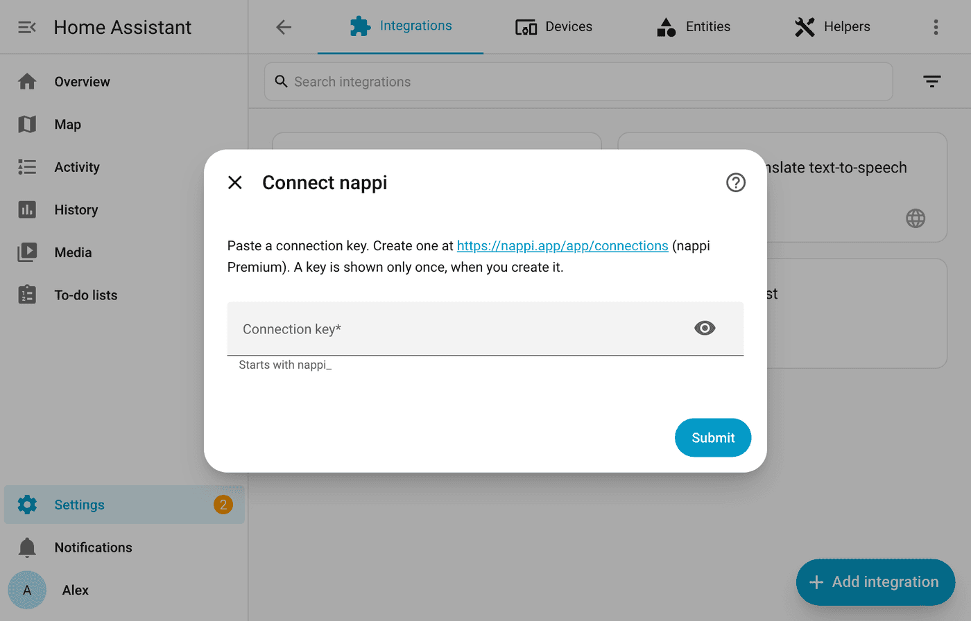 Pasting the connection key in Home Assistant