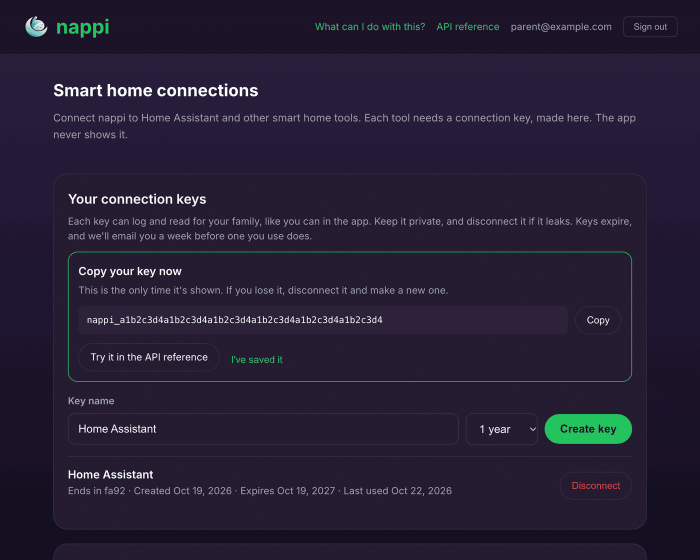 The nappi connection keys page with a new key ready to copy