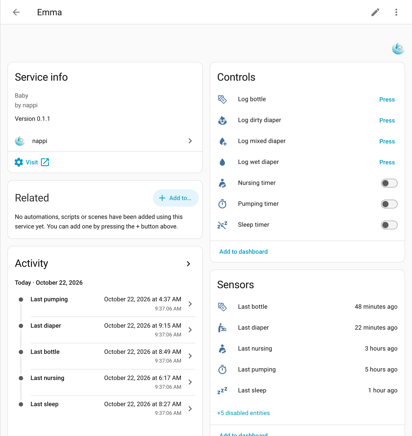 The nappi device in Home Assistant with buttons, timers and sensors