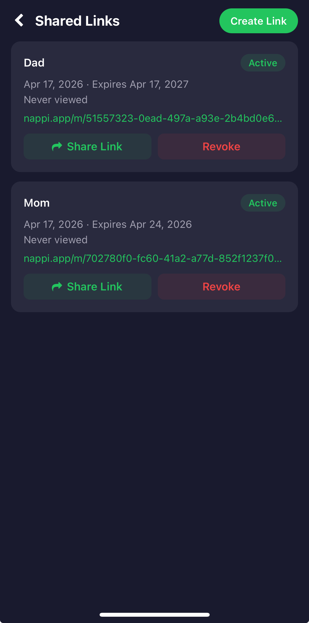 Links compartilhados do nappi, revogáveis e com expiração