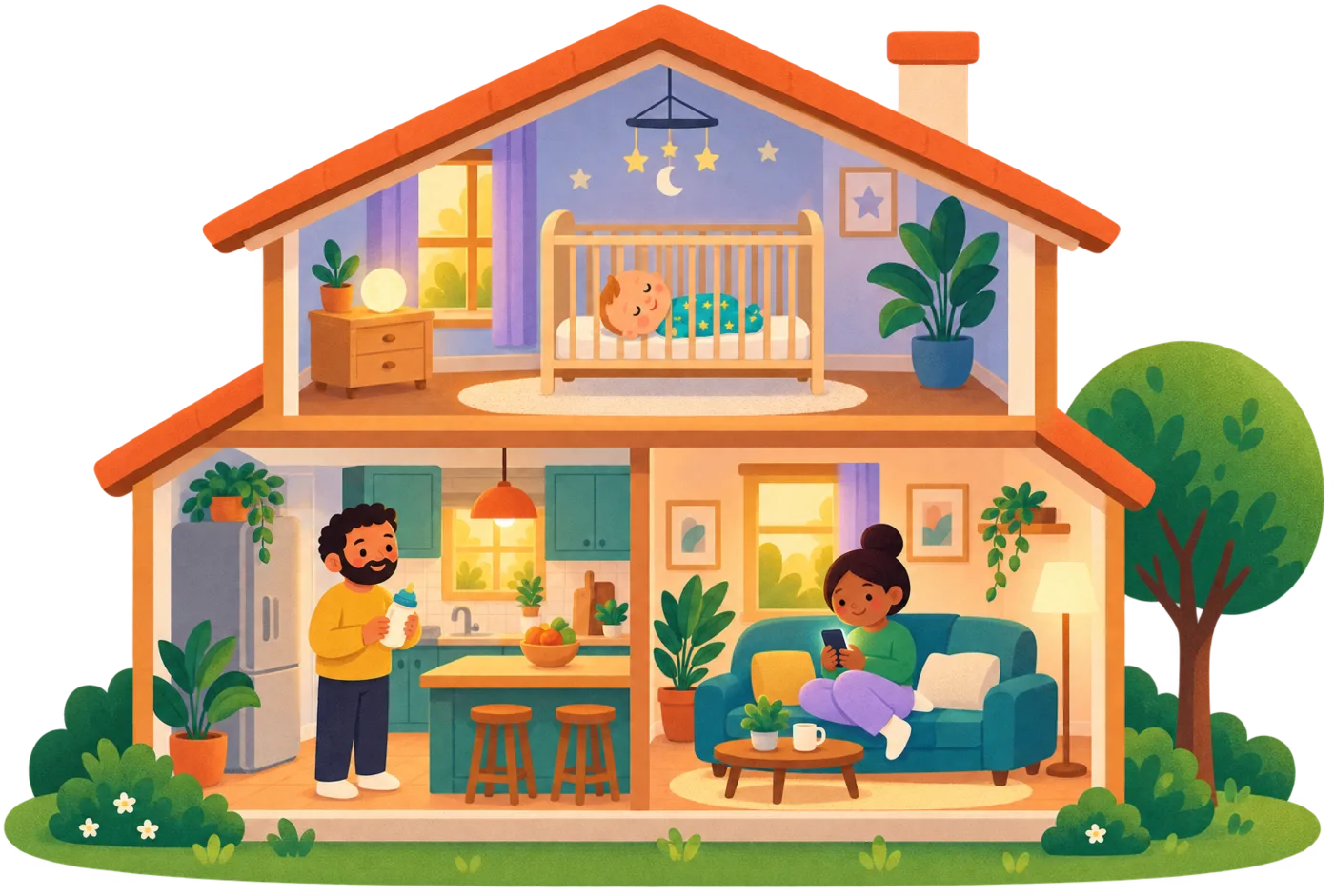 Illustration eines Familienhauses: Oben macht das Baby ein Nickerchen, während Papa in der Küche ein Fläschchen zubereitet und Mama auf dem Sofa aufs Handy schaut.