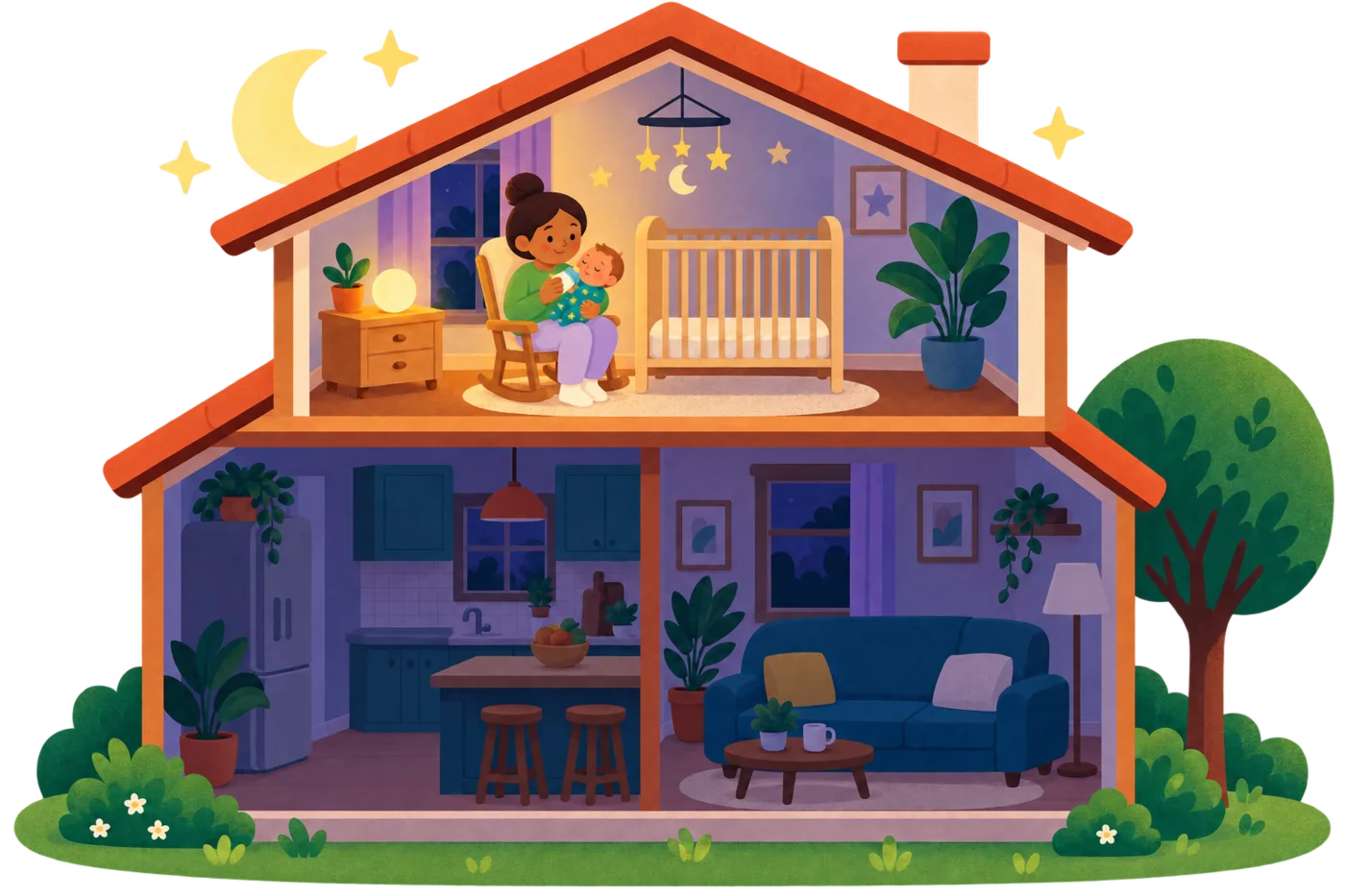 Dasselbe Haus bei Nacht: Alle Zimmer sind dunkel außer dem Kinderzimmer, wo Mama dem Baby ein Fläschchen gibt.