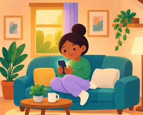 Mama schaut im Wohnzimmer auf dem Sofa aufs Handy.