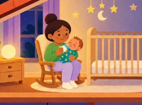 Mama gibt dem Baby nachts im Schaukelstuhl im Kinderzimmer ein Fläschchen.
