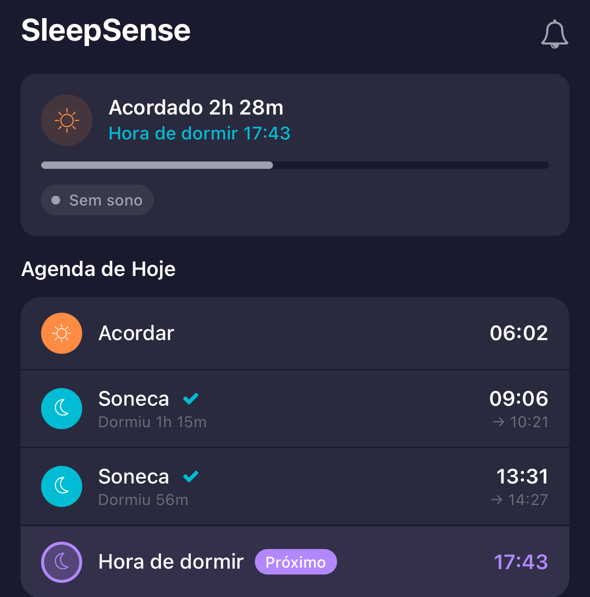 SleepSense prevendo a próxima soneca no app do nappi