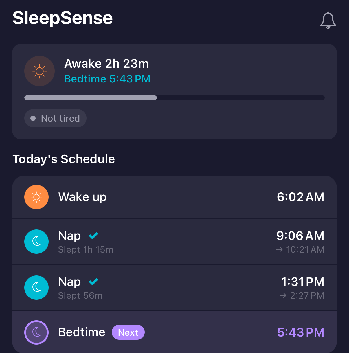 SleepSense predicting the next nap time on the nappi app